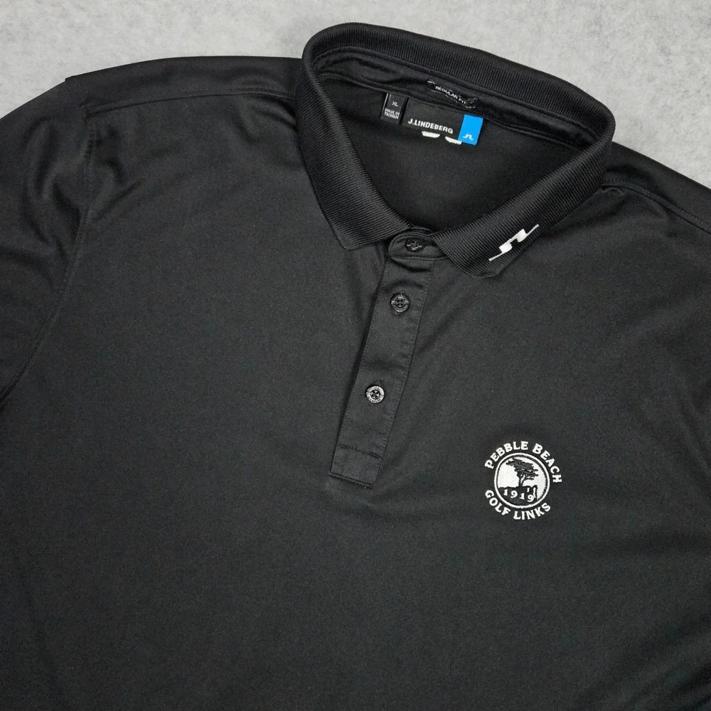 J.Lindeberg Mens XL Black Polo Shirt Pebble Beach Golf Links Tour Tech TX Jersey